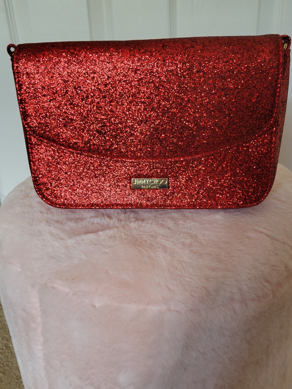 Jimmy Choo Red Glitter Crossbody Clutch with Gold Logo Plaque